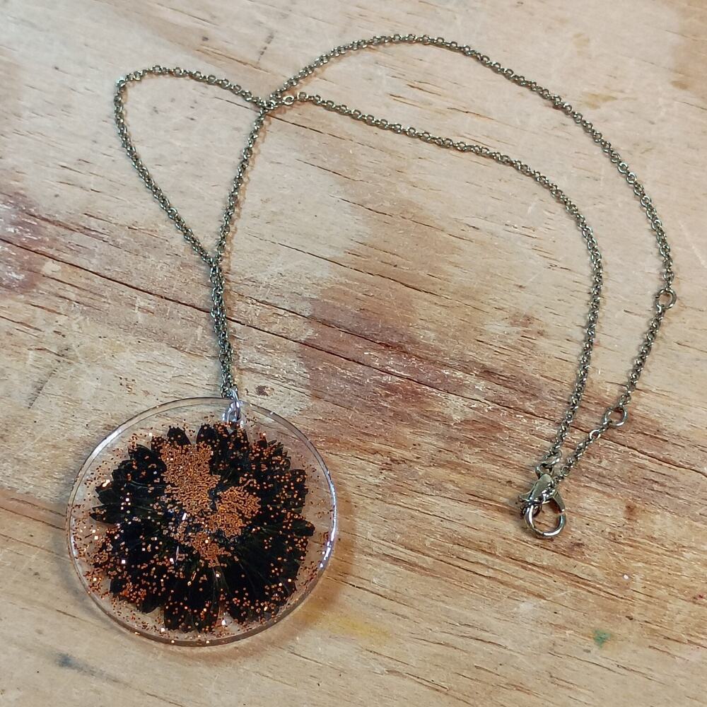 Real Pressed Black Flower Necklace Orange Glitter Resin Pendant Halloween Gothic